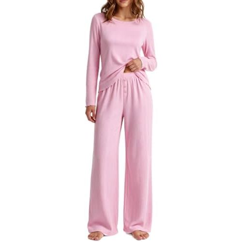 Ekouaer Women's Long Sleeve Pajama Set Cozy 2 Piece PJS Matching Sleepwear