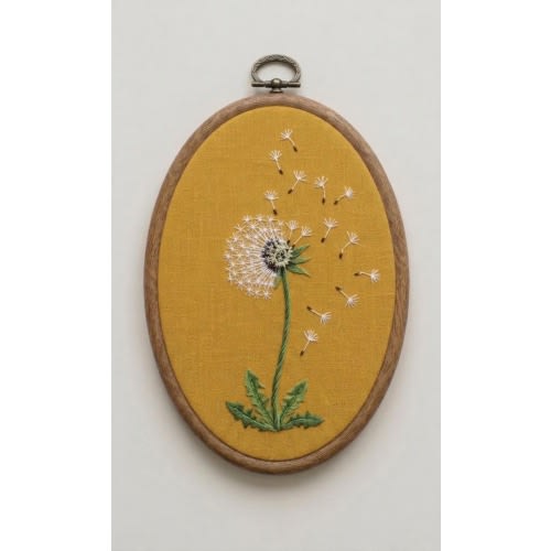 Hand Embroidered Dandelion Hoop Art | Botanical Wall Decor | Oval Embroidery Hoop | Yellow Nature Wall Art | Finished work | Gift for Her|