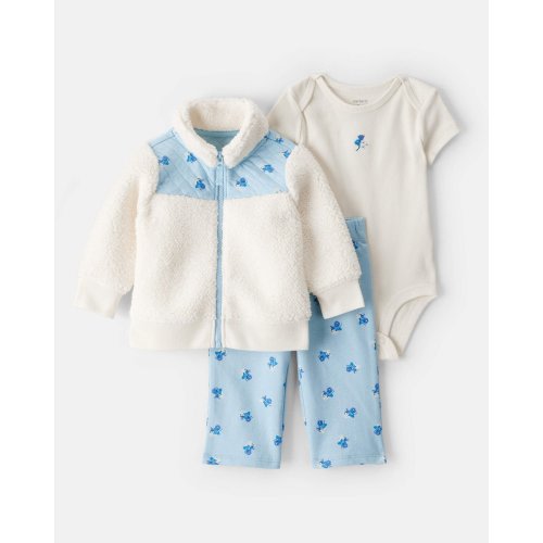 Baby Girl 3-Piece Floral Sherpa Long-Sleeve Bodysuit & Pant Set - Blue | Carter's
