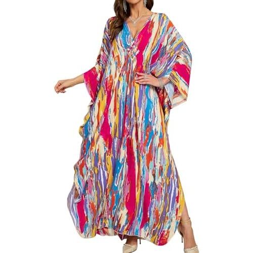 Yanziliu Women Kaftan Dresses Plus Size V-Neck Batwing Sleeves Beach Cover Up Summer Floral Print Caftan Dress