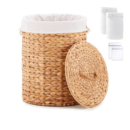 Round Water Hyacinth Laundry Hamper with Lid Handwoven Wicker Basket with Handles for Dirty Clothes, Storage, and Organization, No Assembly Required, 40L