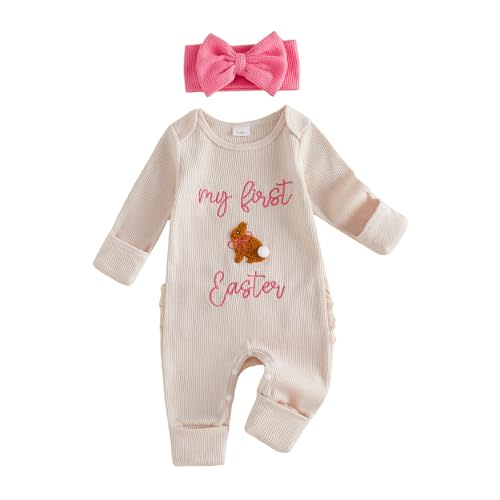 Socutebabe My First Easter Baby Girl Outfit Newborn 0 3 6 Months Bunny Onesie Waffle Knit Sweater Romper and Headband