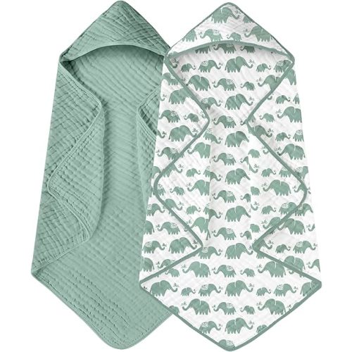 Yoofoss Hooded Baby Towels for Newborn 2 Pack 100% Muslin Organic Cotton Baby Bath Towel with Hood for Babies, Infant, Toddler and Kids, 32x32Inch, Soft and Absorbent Newborn Essential, Green Elephant