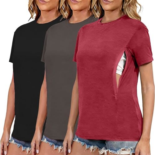 Ecavus Women's 3-Pack Nursing Shirts for Breastfeeding with Hidden Zippers Loose Fit Maternity Tops