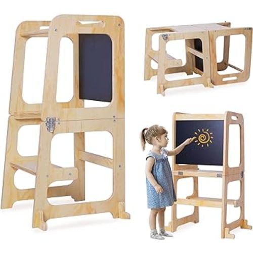 lesolar 3-in-1 Toddler Standing Tower, Kids Kitchen Step Stool Helper, Montessori Assistant Tower Suitable for Toddlers and Children from 1-6 Years Old Kitchen Blackboard Tower with Safety Rail