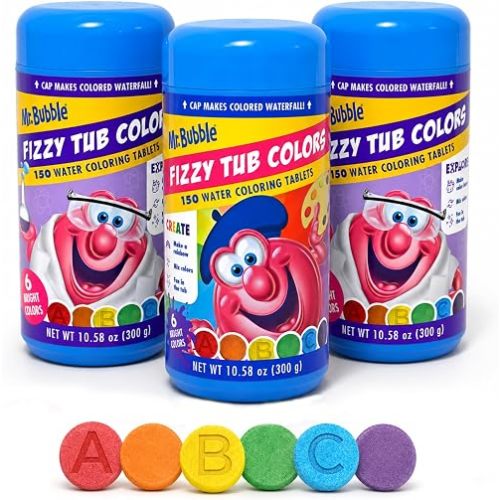 Mr. Bubble Fizzy Tub Colors Bath Water Coloring Tabelets, 6 Bright Colors, Red, Orange, Yellow, Purple, Blue and Green, Fragrance Free, Cap Makes Colorful Waterfall (3 Jars, 450 Tablets)