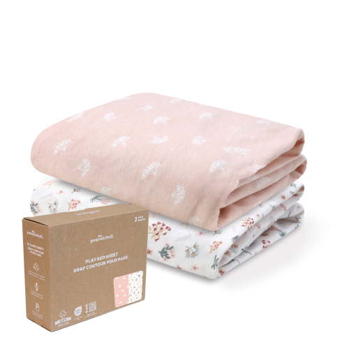 The Peanutshell Organic Cotton Playard Toddler Bed Sheets for Baby Boys and Girls, Pink Bouquet Field Floral, 2 Pack