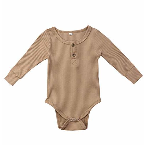 Emmababy Unisex Newbown Baby Girls Knitted Romper Long Sleeve Sweater Buttons Bodysuit Pajamas Top Fall Winter Clothing (8 to 11 Months, Khaki)