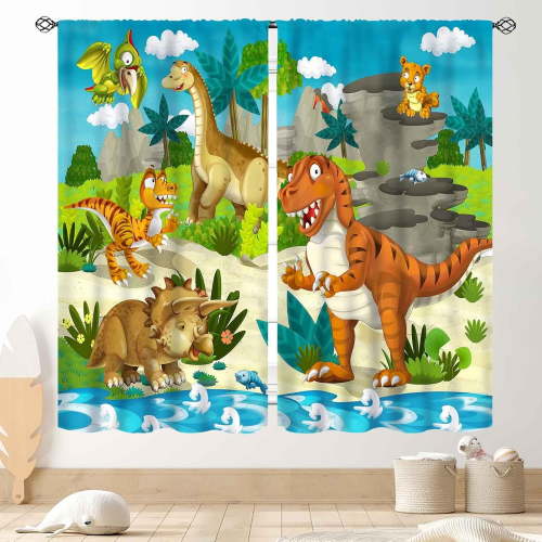 Dino Curtains for Boys Room, Kids Boys Cartoon Dinosaur Funny Colorful Safari Animals Blackout Window Drapery Treatments for Baby Kids Room Bedroom Living Room Nursery Fabric 2 Panels, 84"x63" Inch