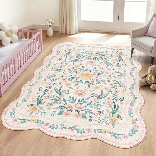 Pink Floral Rug 5X7 for Girls Bedroom or Nursery, Scalloped Washable Non-Slip Area Rug, Cute Soft Boho Carpet for Kids Room, Dorm, or Playroom