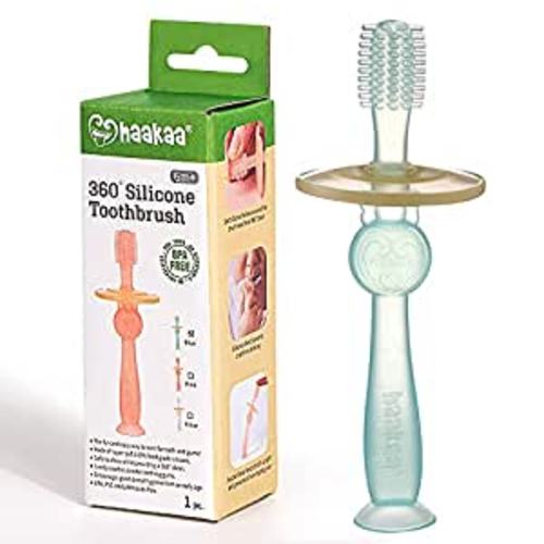 Amazon.com : haakaa 360° Silicone Baby Toothbrush with Suction Base Infant to Toddler Toothbrush, Food Grade Silicone, 1pc (Blue) : Baby
