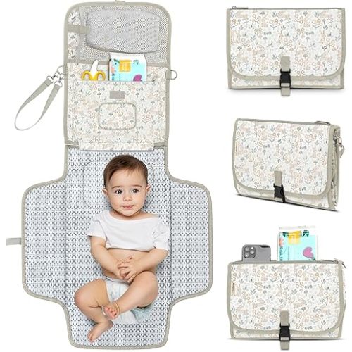 KeaBabies Portable Diaper Changing Pad - Large Waterproof Baby Changing Mat, Compact Travel Diaper Clutch, Functional Pockets Fit Newborn Essentials, Wipeable & Padded Baby Changer (Prairie)