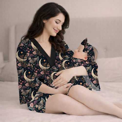 PERSONALIZED Matching Robe and Swaddle Set for Mom and Baby | Whimsical Woodland Goth Moth, Fungi, Flora