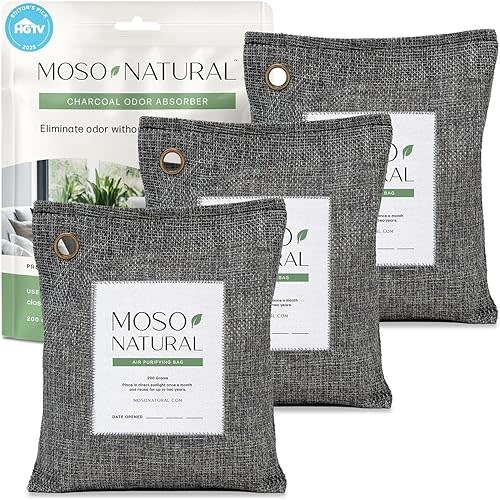 Moso Natural Air Purifying Bag 200g (3 Pack) HGTV Editor's Pick | Premium Bamboo Charcoal Odor Absorber for Home & Car | Closet Odor Eliminator & Car Air Freshener | Long Lasting Charcoal Bags