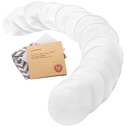 Organic Nursing Pads - 14 Washable Breast Pads for Breastfeeding, Wash Bag, Viscose Derived from Bamboo Reusable Nipple Covers for Breastfeeding Essentials, Soft & Absorbent(Soft White, L 5")