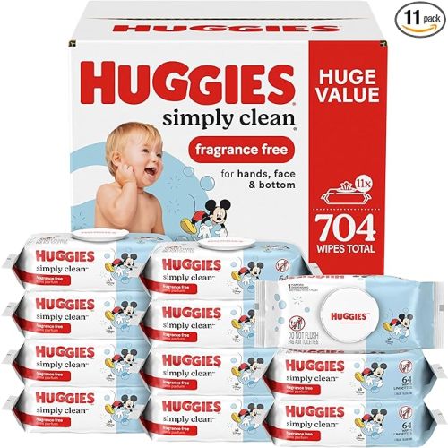 Huggies Simply Clean Unscented Baby Diaper Wipes, 11 Flip-Top Packs (704 Wipes Total), Packaging May Vary