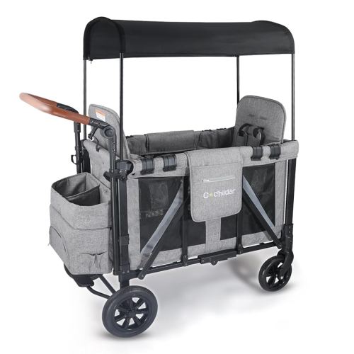 Elite 2S 2-Seater Wagon Stroller for Kids – One-Hand Fold Design, High Seats with 5-Point Harness, Adjustable Handlebar, Removable Canopy & Compact Storage, Light Grey