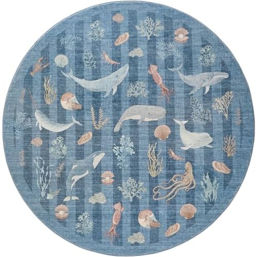 Whales Coastal Washable Nursery Rug (Marine, 5' Round)