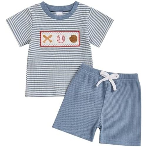 Toddler Baby Boy Summer Outfit Baseball//Golf/Tennis Embroidery Striped Short Sleeve T Shirt Shorts Set 2Pcs Outfit
