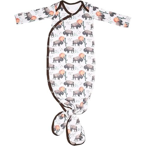 Copper Pearl Baby Gown - Knotted Newborn Sleepers for Baby Boy and Girl, Soft Stretchy Long Sleeve Infant Gowns with Bottom Tie and Hand Mittens, Perfect Hospital Coming Home Outfit (Bison)