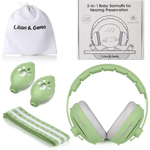 Lilian&Gema 2-in-1 Baby Ear Muffs Noise Protection up to 48 Months - Baby Airplane/Travel Essentials - Adjustable Noise Reduction Earmuffs - Ear Protection Headphones for Infant & Toddler, Green