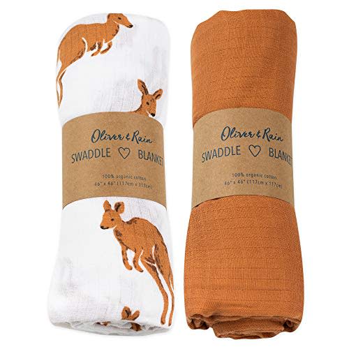 Organic Muslin Baby Boy Swaddle Blankets Oliver & Rain Receiving Blanket Kangaroo-Brown 2 Pack