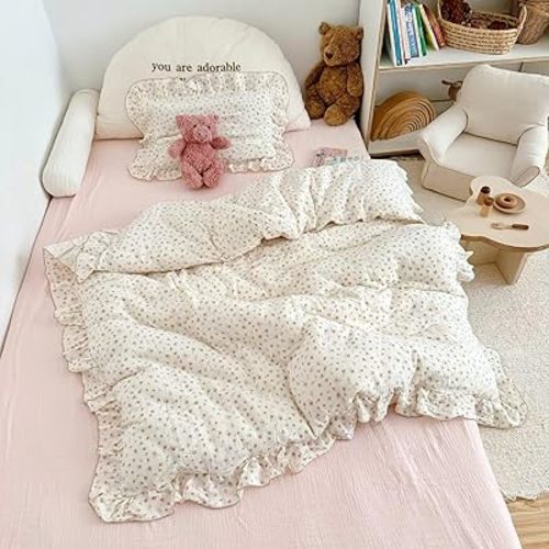 BuLuTu Muslin Cotton Pink Floral Print Duvet Cover for Toddler Girls Kids Comforter Cover for Toddler Bed/Crib Duvet Cover with Ruffles, 47"x59", No Pillow Cases
