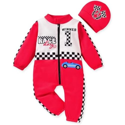 12-18 MONTHS - Baby Boy Romper Race Car Outfit Infant Long Sleeves Zipper Jumpsuit