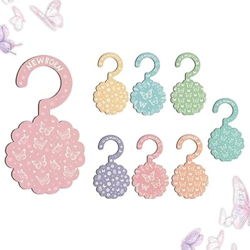 13 Pcs Wooden Baby Closet Dividers - Adorable Flower Shape with Butterflies Pattern Monthly Organizer (Newborn to 24 Months), Nursery Clothes Size Hanger Tags for Baby Girl & Boys Room Organization