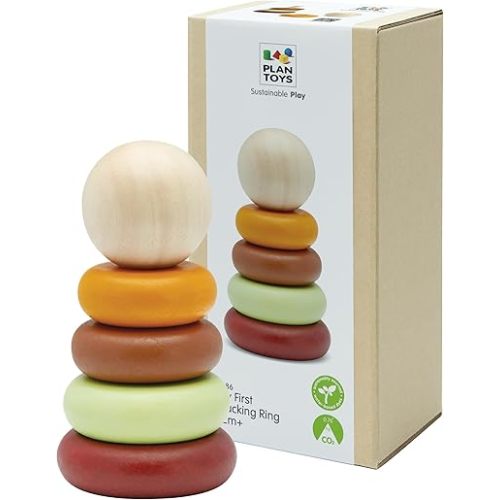 PlanToys® My First Stacking Toy Wooden Rings in Modern Rustic Shades | Montessori Fine-Motor Development Toy for Focus, Coordination & Early Learning | Eco-Friendly Educational Toy