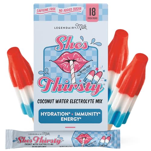 Legendairy Milk She’s Thirsty – Retro Pop, Hydration Packets | Cortisol Supplement for Stress Relief & Adrenal Support | Coconut Water Electrolytes Powder, No Sugar Added 18 ct
