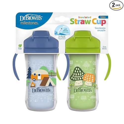 Dr. Brown's Milestones Insulated Sippy Cup with Straw and Handles, Spill-Proof Tumbler with Lid, 2-Pack, Blue & Green, 10 oz/300 mL, BPA Free, 12m+