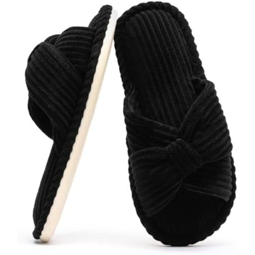Chantomoo Slippers for Women Memory Foam House Womens Slipper Slides Home Bedroom Bathroom Spa Open Toe Corduroy Bow Slippers Cozy Comfortable