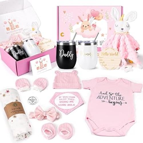 Baby Gift Set, Baby Girl Gifts, New Mom Gifts for Women, New Parents Gifts for Couples w/ New Mom and Dad Tumbler Newborn Essentials for Gender Reveal, Baby Shower Pregnancy Gifts for First Time Moms
