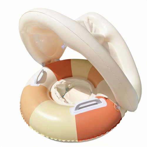Inflatable Pool Float with Adjustable Canopy and Safety Handles, Sun Protection Water Ring for Safe and Fun Summer Outdoor Activities, Striped Design B