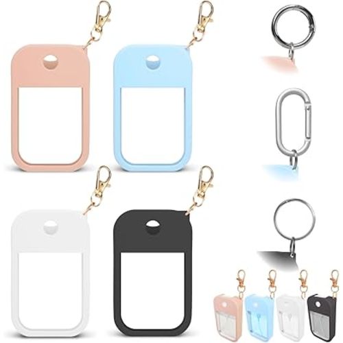 4 PCS Soft Silicone Case for Touchland Power Mist (1FL. OZ./30 mL), Protective and Stylish Case with Keychain Compatible with Touchland Hand Sanitizer Spray (Black/White/Nude/Blue)