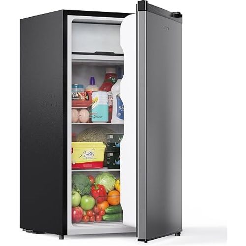 Upstreman 3.2 Cu.Ft Mini Fridge with Freezer, Single Door Compact Refrigerator, Adjustable Thermostat, Small Refrigerator for Dorm, Bedroom, Office, Stainless Steel-SR321
