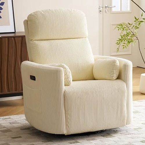 Oversized Power Recliner with Massage and Heat, Swivel Rocker Recliner with Adjustable Headrest, Glider Recliner Nursery Chair with 2 Pillows, rocking nursery recliner for Living Room,Corduroy Beige