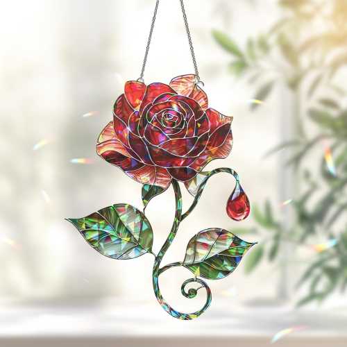 Red Rose Suncatcher – Romantic Flower Decor for Anniversary, Valentine, or Memorial Gift,  Rose Lover Gift, Birth Flower Gift, Rose Ornament