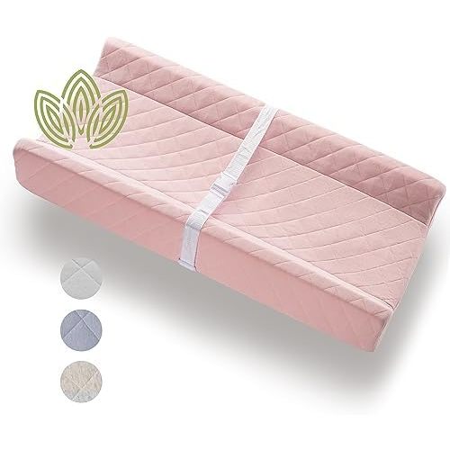 Organic Cotton Covered Contoured Baby Changing Pad | Waterproof Foam Mattress, Soft, Removable & Washable Cover, Safety Strap, Non-Slip Bottom, Topper for Standard Size Infant Diaper Table & Dresser