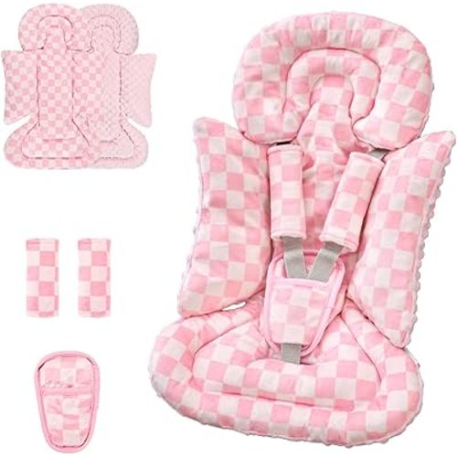 4 in 1 Infant Car Seat Insert, Baby Car Seat Head Body Support for Girls & Boys, Reversible Newborn Car Seat Insert with 3 Extra Strap Paddings, Premature Car Seat Cushion (Pink)