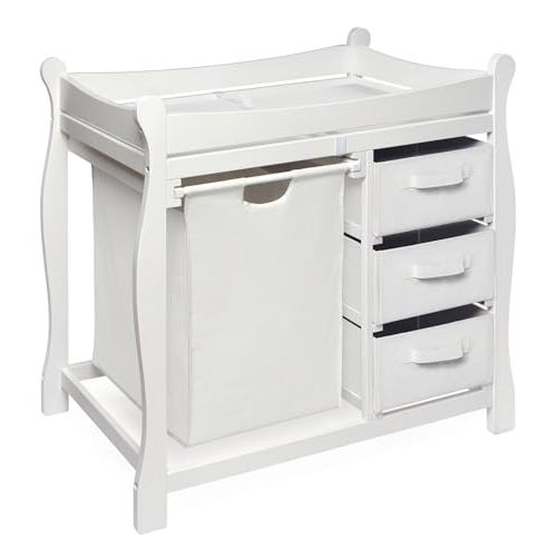 Sleigh Style Baby Changing Table with Laundry Hamper and 3 Storage Baskets | Baby changing table with 3 storage baskets, removable hamper, changing pad, safety rails, and sturdy nursery organization