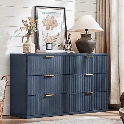 LEYAOYAO Fluted 6 Drawers Dresser for Bedroom, 48" Wide Modern Chest of Drawers with Metal Handle, Navy Blue Curved Profile Farmhouse Closet Organizer Wood Dressers TV Stand for Living Room, Hallway