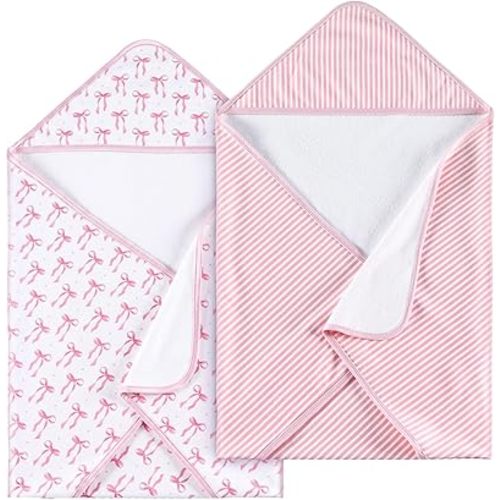 Chumia 2 Pack Pink Baby Hooded Towels Girl Baby Bath Towel 29 x 29 Inch Organic Cotton Soft Absorbent for Newborn Infant Toddler Kids Bath Essentials Gifts Pink Bow Stripe