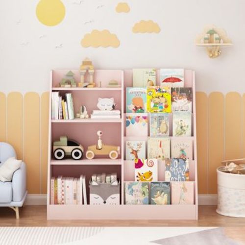 Wood Kids Bookshelf with Bookcase Display Stand, Toy Storage Organizer for Kids Room, Playroom, Nursery, Pink - ModernLuxe