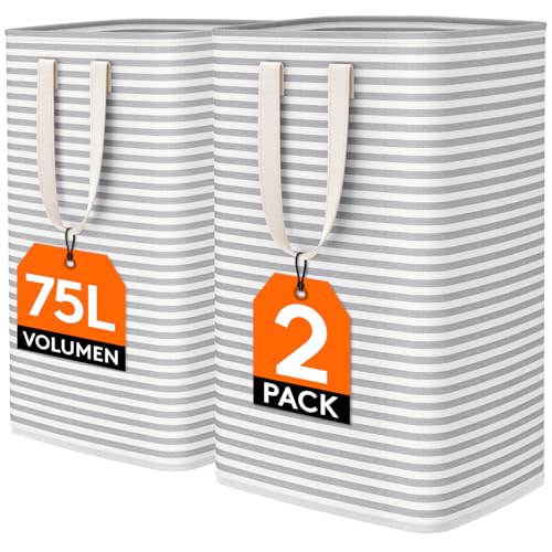 Lifewit 75L Large Laundry Baskets, 2 Pack, Reinforced Handles, Grey | Collapsible Laundry Hamper, Dirty Clothes Hamper, Waterproof Freestanding Design for Dorm, Laundry Room, Bedroom, Bathroom