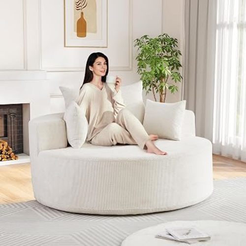 Antetek Oversized Round Chaise Longue Chair Indoor, Modern 55-inch Upholstered Waffle Chenille Deep Seat Circle Single Cloud Lounge Floor Sofa Chair for Living Room, Bedroom Apartment, Beige