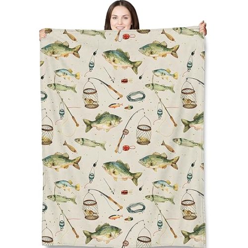 Fishing Throw Blanket for Adults Kids, 50x60 in, Largemouth Bass Rod and Tackle Theme Flannel Blankets for Bedroom, Couch, Travel, Home Decor, Fuzzy Soft Cozy Warm Gifts