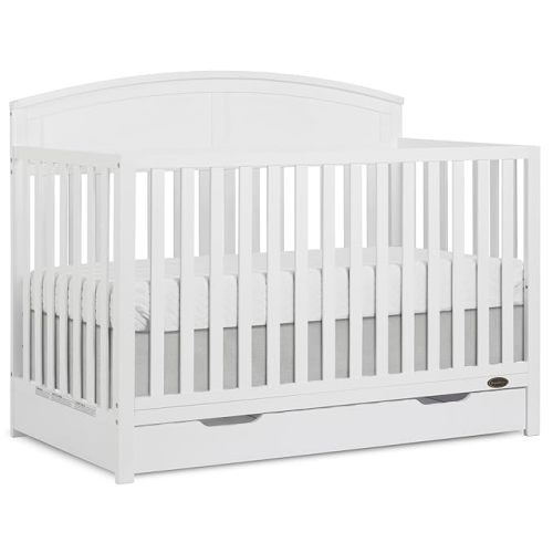 Dream On Me Storybrooke 5-in-1 Convertible Full-Size Crib with Under Drawer, White, GreenGuard Gold & JPMA, Convert to Toddler, Day & Full-Size Bed, 3 Mattress Heights, Sustainable Pinewood