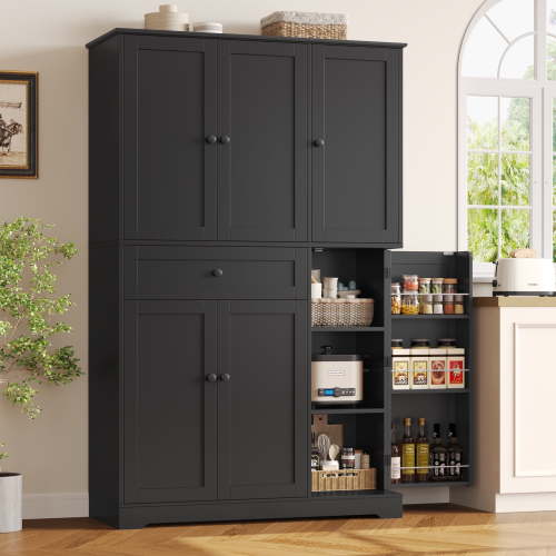 Homfa Kitchen Pantry Storage Cabinet, 68" Food Pantry Cabinet with Drawer and Door Shelf, 6 Door Freestanding Cupboard Buffet for Dining Room, Black
